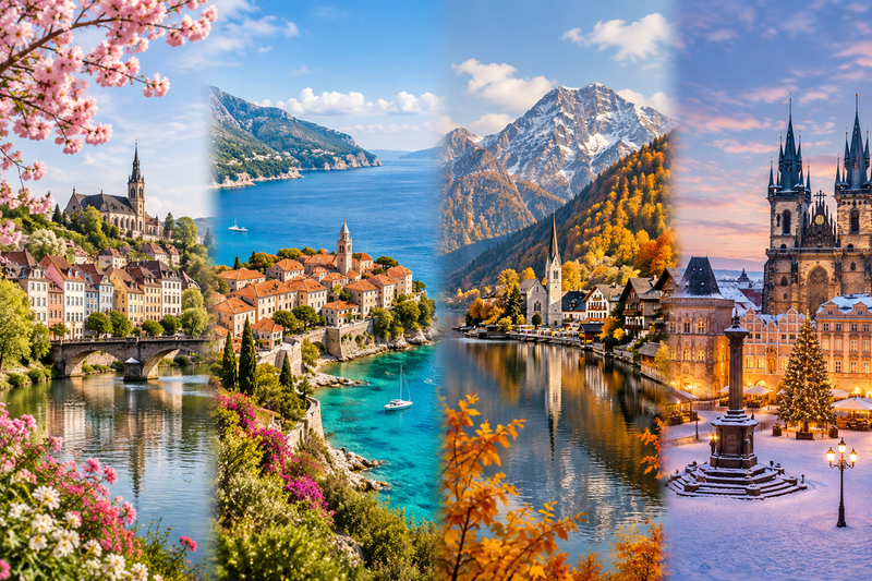 Illustrated European seasons with spring blossoms, a sunny Mediterranean coast, an autumn Alpine lake and a snowy historic town square