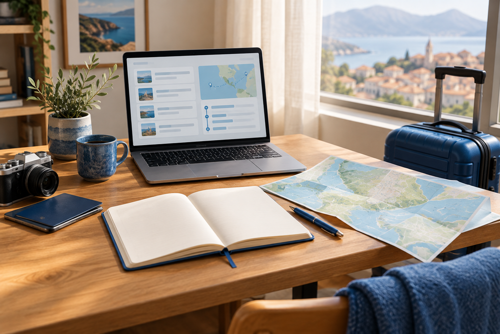 Illustration of a travel-planning desk with a notebook, map, laptop and suitcase