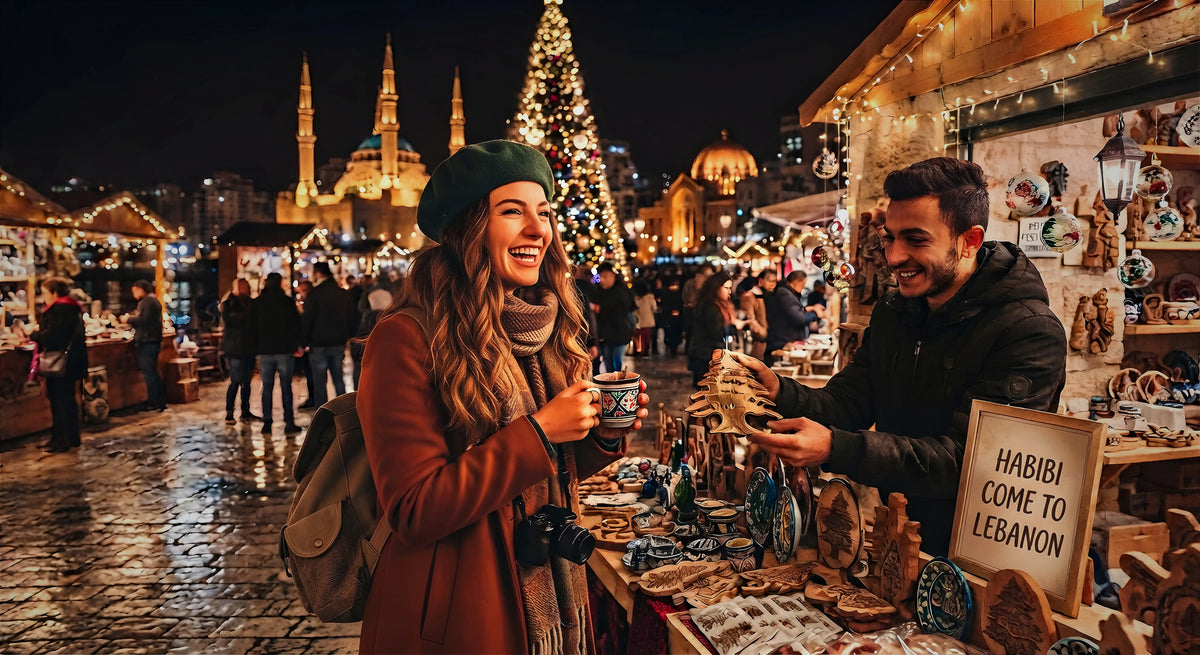Visitor and vendor at a festive Christmas market, with a decorated tree and illuminated stalls.